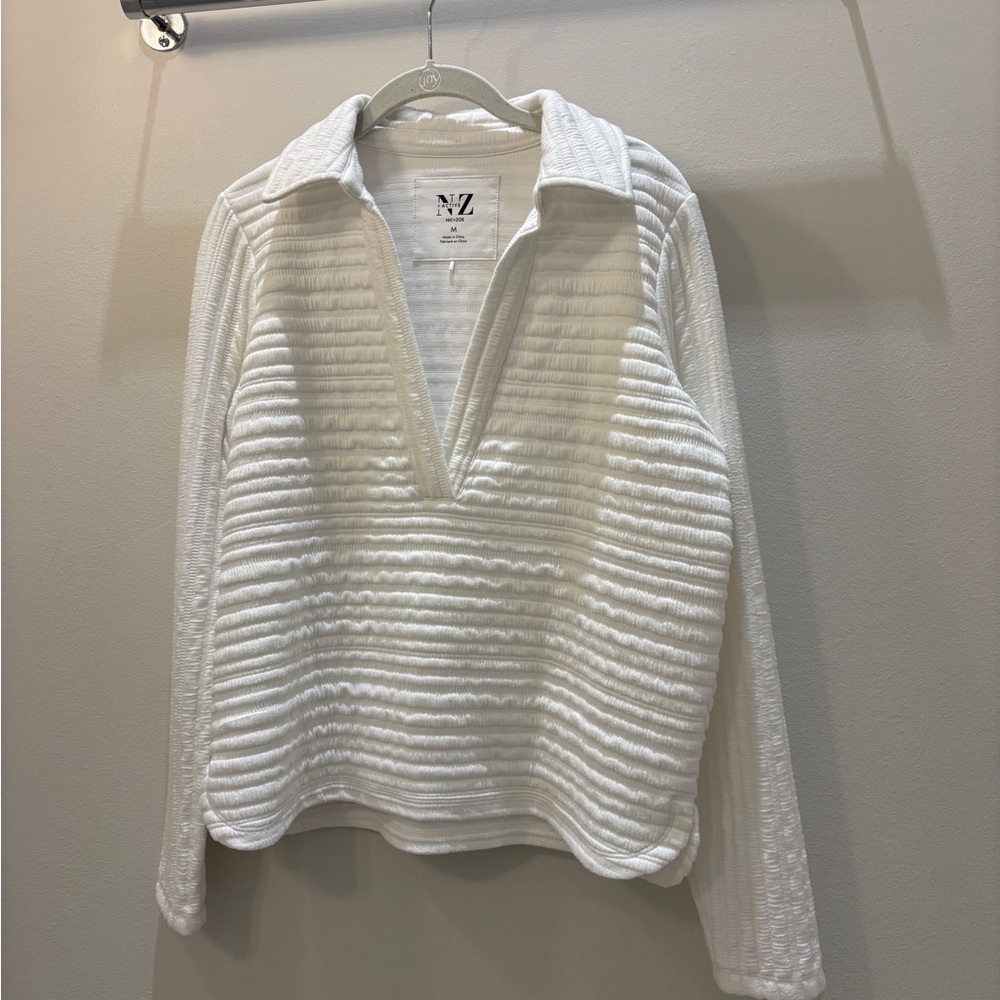 NZ Active by NIC+ZOE White Textured Long Sleeve Johnny Collar Polo - Medium